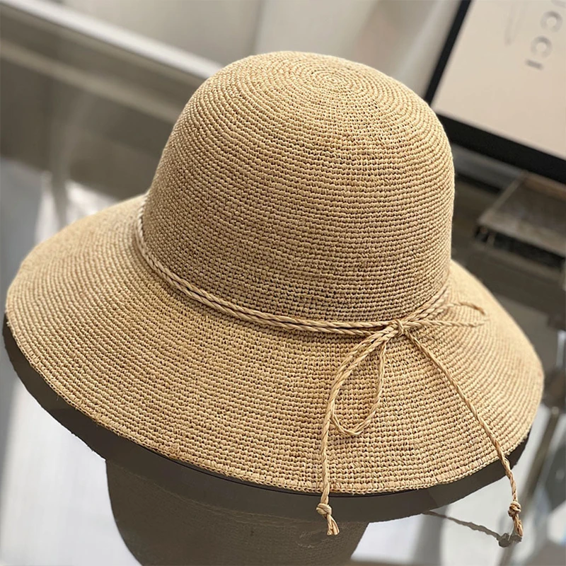 Handgefertigter Sonnenhut mit Bastschirm für Damen, große Krempe, faltbarer Strohhut, Sommerausflug, Strand am Meer – Detail 8
