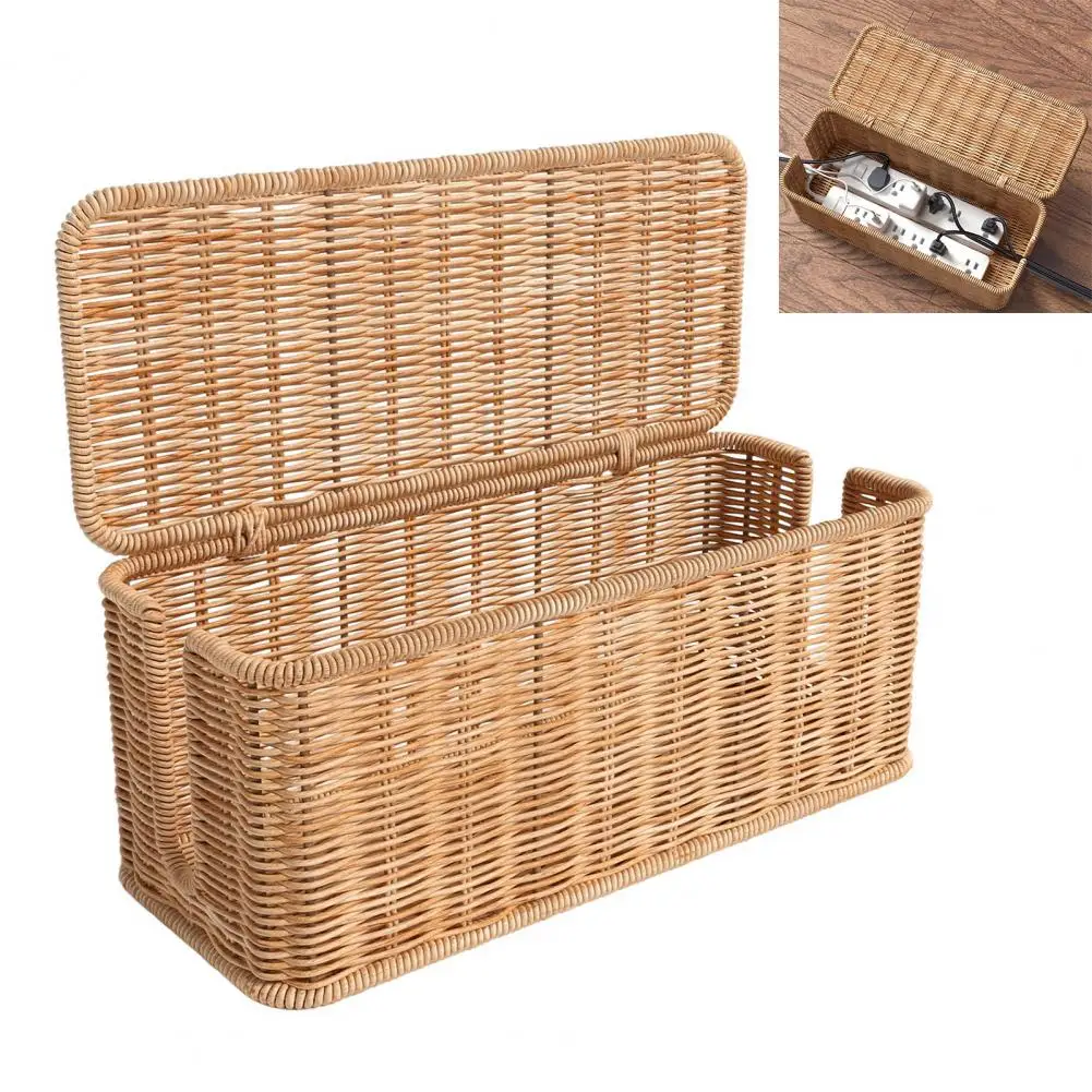 Storage Basket Handwoven Rattan Cable Management Box with 2 Slots for Power Cords Capacity Organizer Basket for Hidden Wires 5