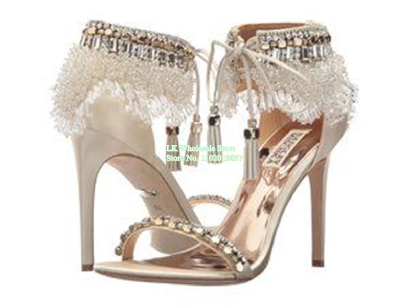 

Women High Heel Sandals Open Toe Stiletto Rhinestone Fringe Tied Cover Heel Crystal Embellished Wedding Shoes Plus Size 34-43