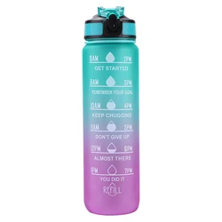 Large 1000ml BPA-Free Water Bottle with Time Scale and Straw for Outdoor Sports and Fitness (Green Purple)