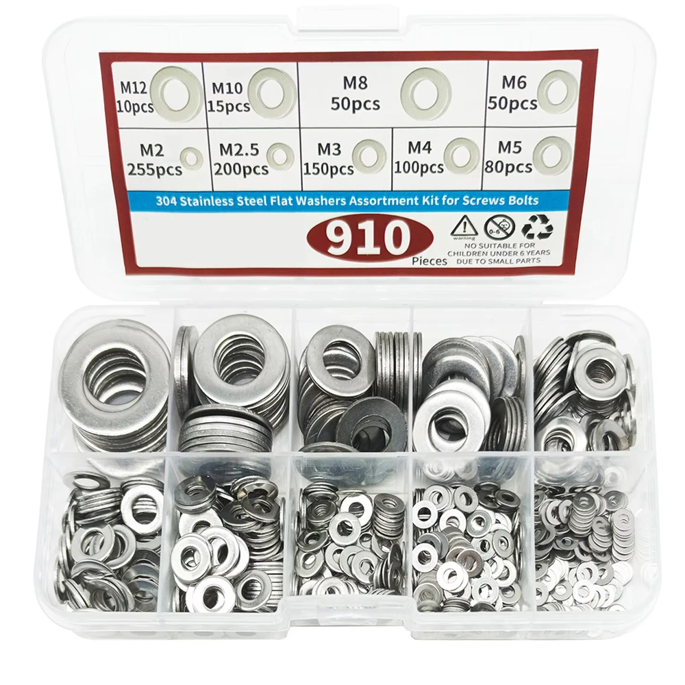 Stainless Steel Washers 910 Pieces 9 Sizes 304 (M2 M2.5 M3 M4 M5 M6 M8 M10 M12) for Home Decoration