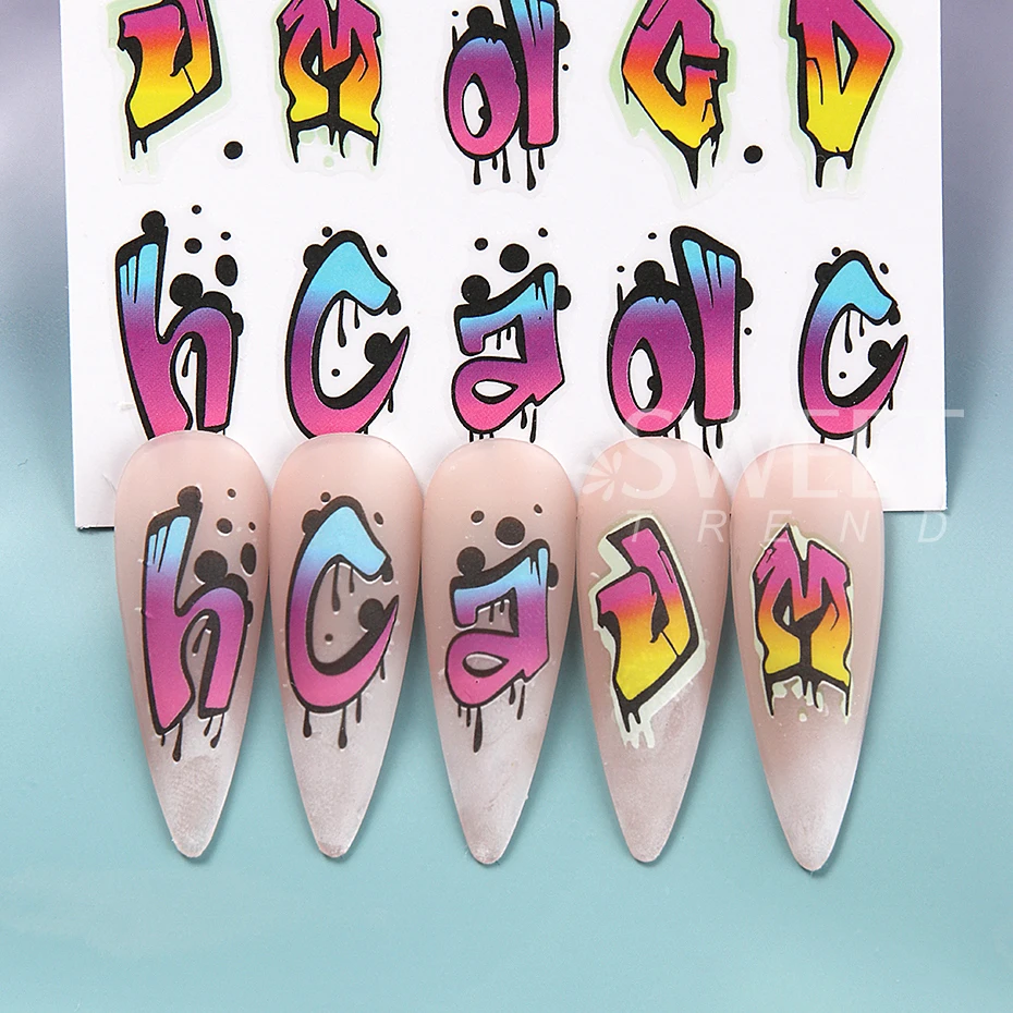 3pcs Colorful Number Letter Wave Line Design Nail Art Stickers 3D self Adhesive Cartoon Nail Art Decals DIY Manicure Decoration