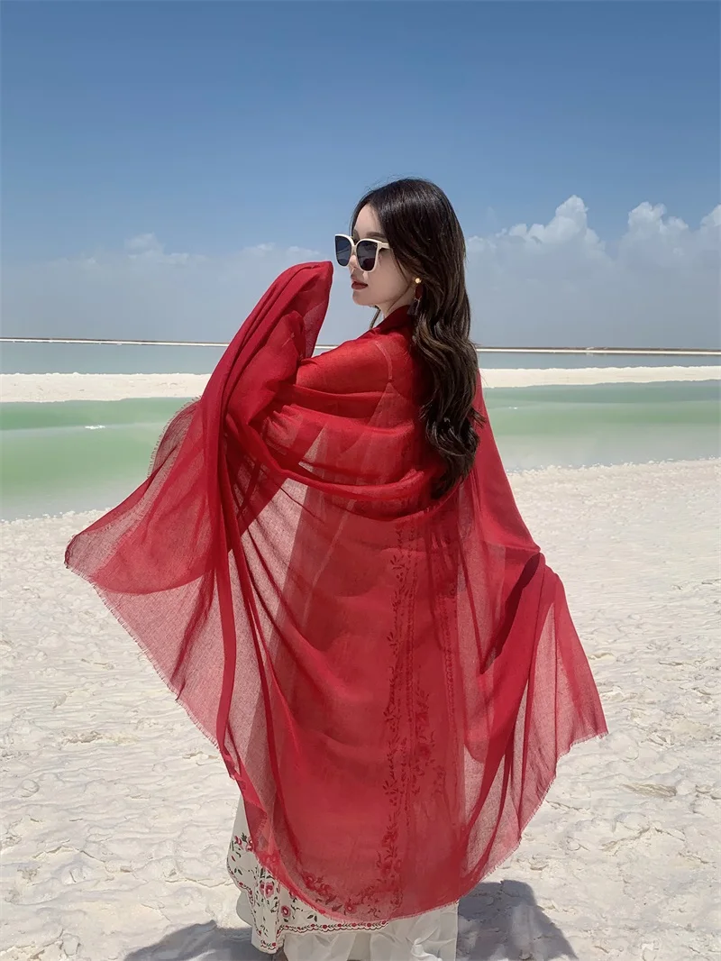 Sonnenschutz für Damen, einfarbig, Rot, ultradünn, weich, atmungsaktiv, elegant, langer Schal, Strandkleidung, geeignet für Urlaubsgeschenke – Detail 8