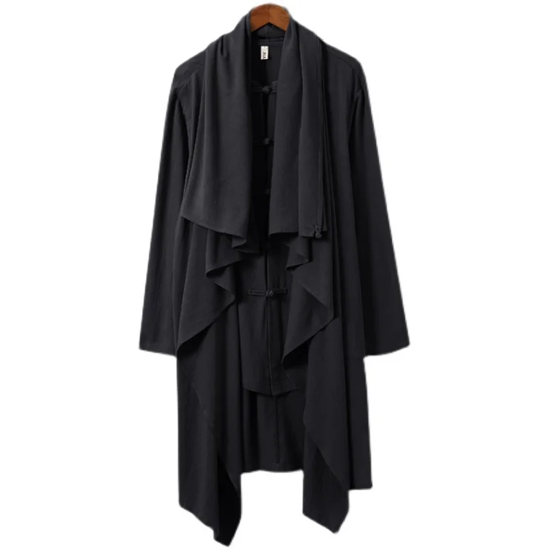 Streetwear Trench Coat Men Vintage Long Sleeve Jacket Male Cotton Linen Tradition Outerwear Single Breasted Jackets Solid M-5XL