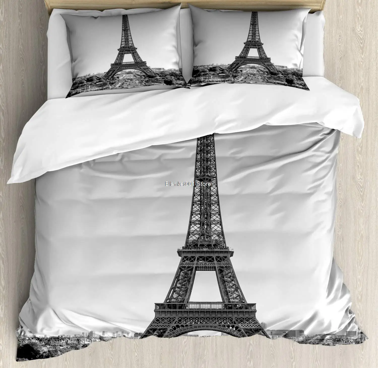 

Eiffel Tower Duvet Cover Set Greyscale Monument Old Times Vintage Image Decorative 3 Piece Bedding Set with 2 Pillow Shams Queen