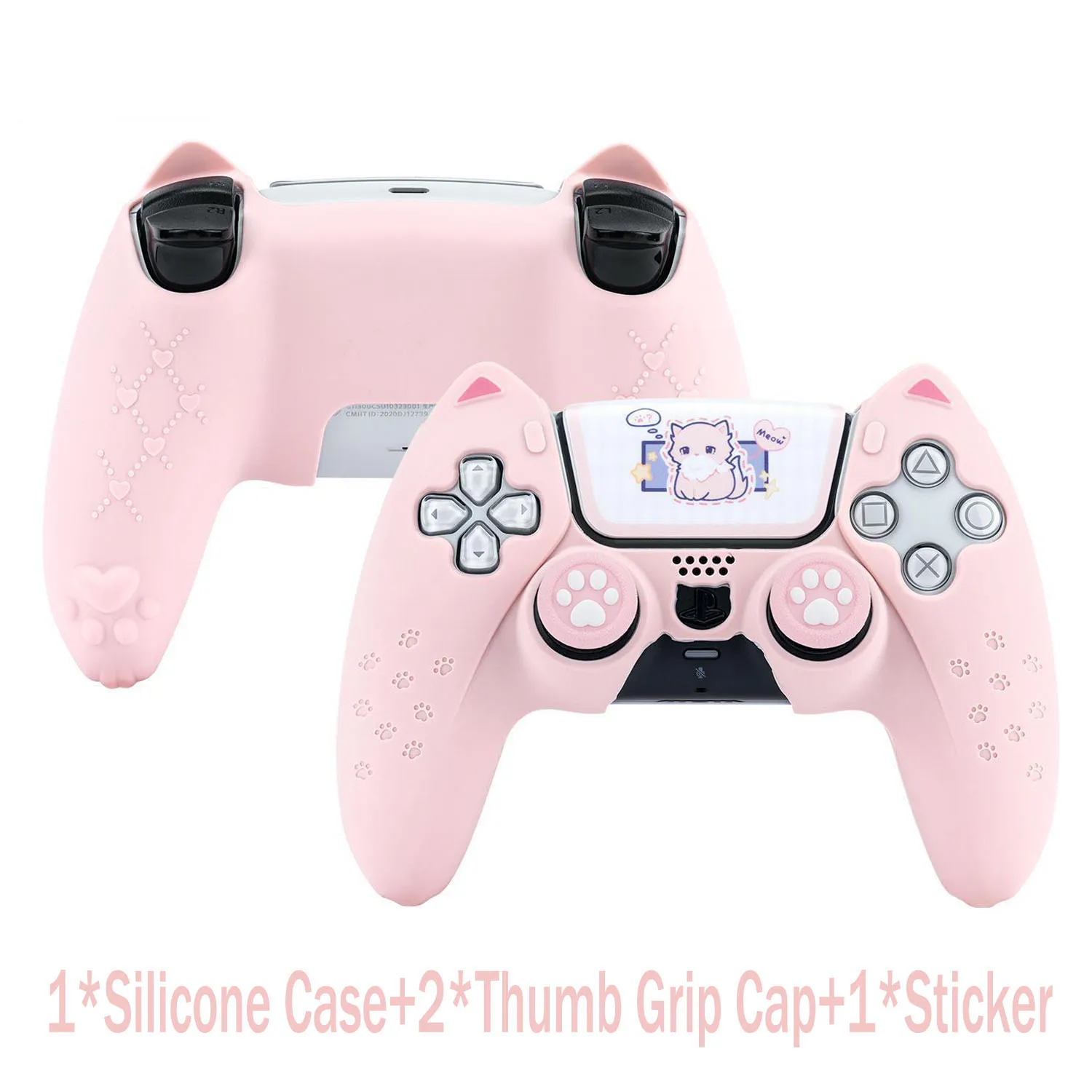 Pink Cat Paw Silicone Protective Case for PS5 Controller with Thumb Grip Cap