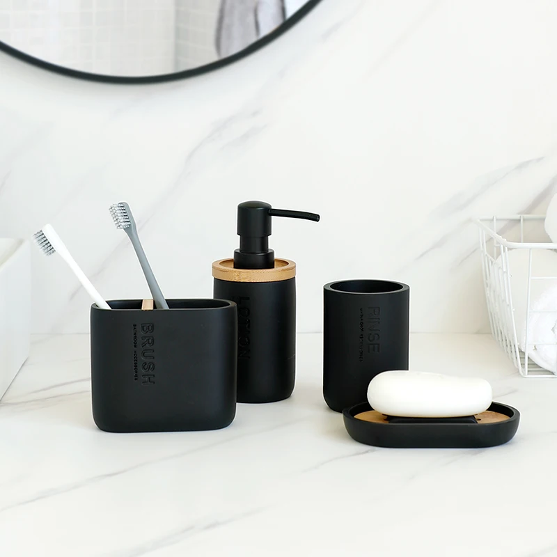 Bathroom Accessories set Soap Lotion Dispenser Toothbrush Holder Soap Dish Tumbler Pump Bottle Cup Wood Black or White soap dispenser,bathroom accessories set