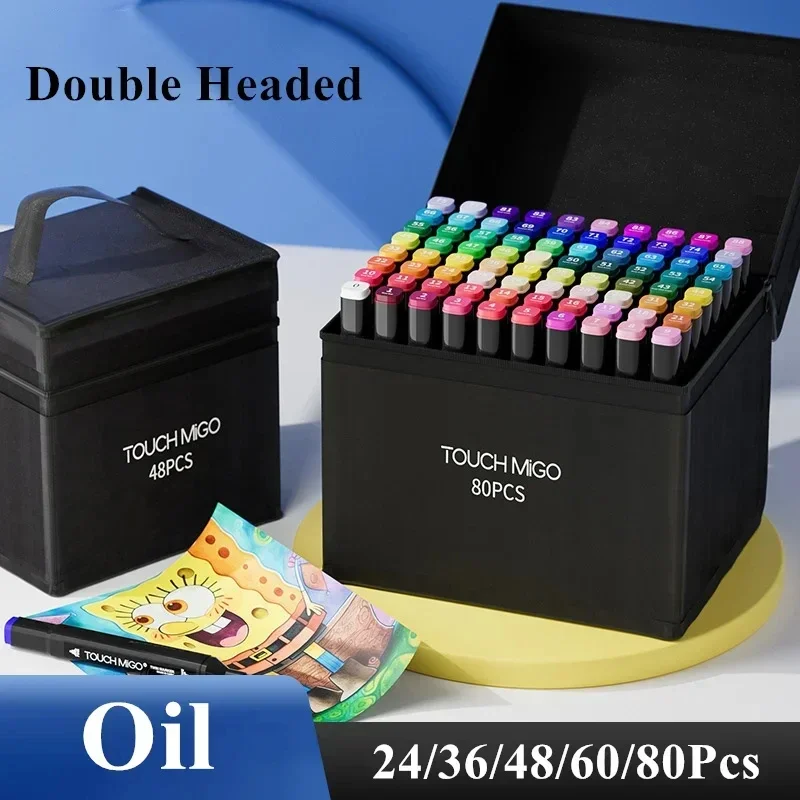 

12-80 Color Oil Double Pointed Markers Set for Drawing Professional Coloring Pen Manga Highlighter Manga Art Supplies for Artist