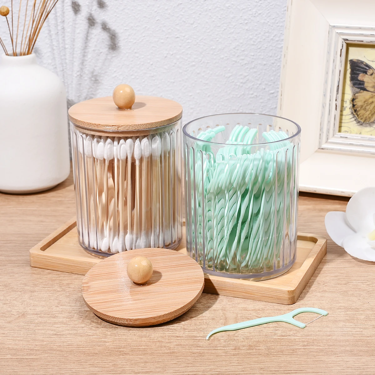 2pcs Qtip Holder Cotton Round Cotton Swabs Makeup Round Pads Dispenser Bathroom Vanrity Apothecary Jard with Lid and Bamboo Tray 4