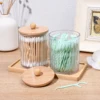 2pcs Qtip Holder Cotton Round Cotton Swabs Makeup Round Pads Dispenser Bathroom Vanrity Apothecary Jard with Lid and Bamboo Tray 4