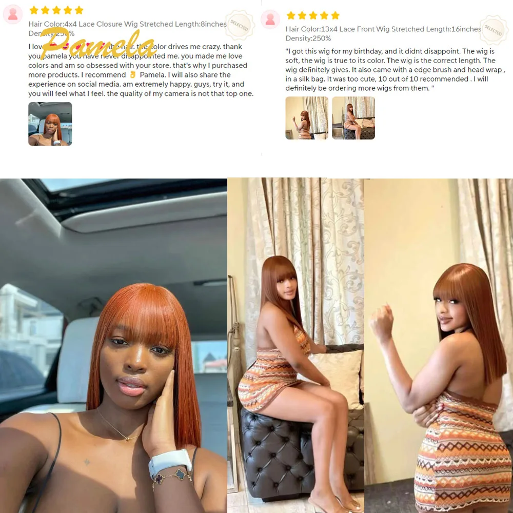 Wear and Go Glueless Wig 250% Density GInger Orange Bone Straight 13x4 Transparent Lace Front Human Hair Wig With Bang For Women