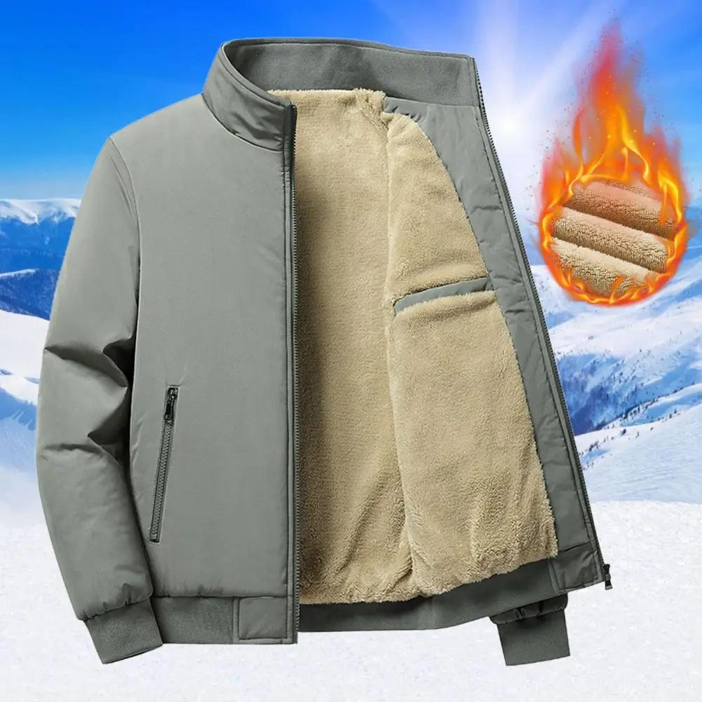 

Autumn Winter Men Jacket Men Solid Color Coat Cozy Men's Winter Jacket with Plush Lining Stand Collar Zipper Pocket for Casual