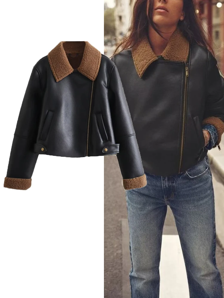 

TRAF 2023 Winter Women's Fashion Long Sleeve Jacket Coat Female Thick and Warm Faux Leather Belt Jacket Women Streetwear