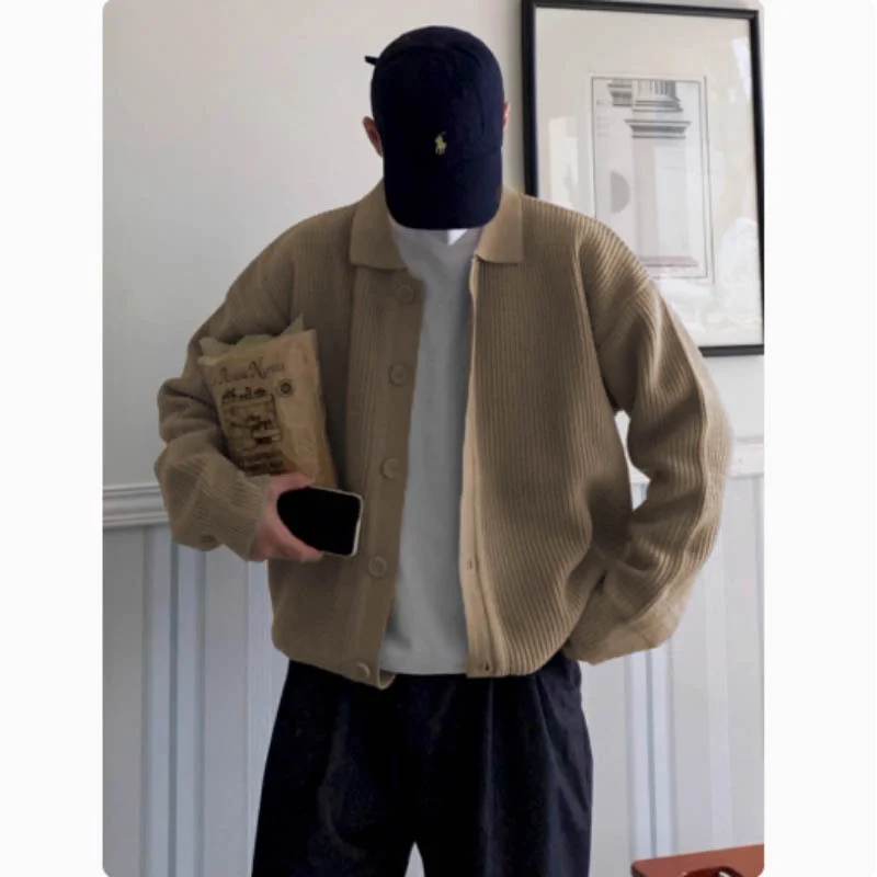 New Autumn and Winter Lapel Knitted Cardigan Jacket for Men Loose Lazy Style Sweater Korean Fashion Casual Top 2