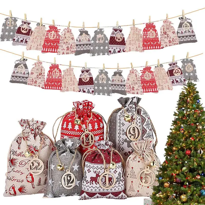 

24 Days Wall Hanging Drawstring Bag Christmas Advent Calendar Candy Bag Reusable Burlap Bags DIY Drawstring Gift Sacks For Kids