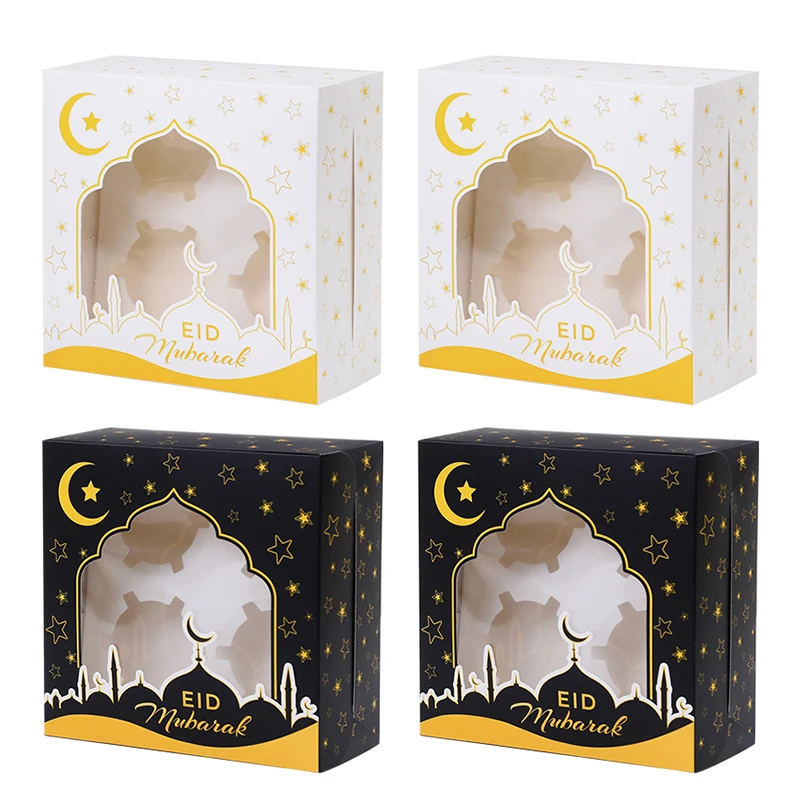 1/4pcs Eid Mubarak Cake Box Ramadan Kareem Muffin Cupcake Packing Boxes 2025 Islamic Muslim Party Decor Supplies Candy Gift Bag
