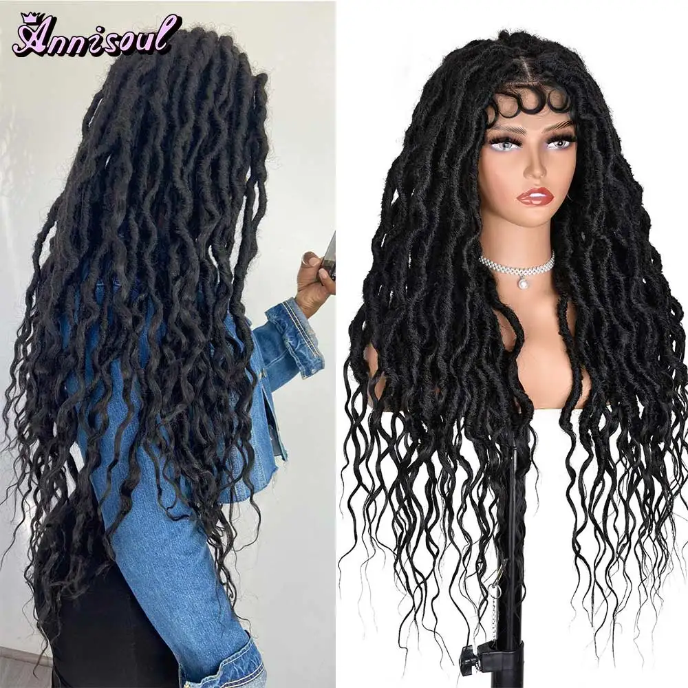 

ANNISOUL Black Full Lace Braid Wigs for Black Women Curly Goddess Faux Locs Wig with Baby Hair Braided Wig Goddess Dreadlock Wig