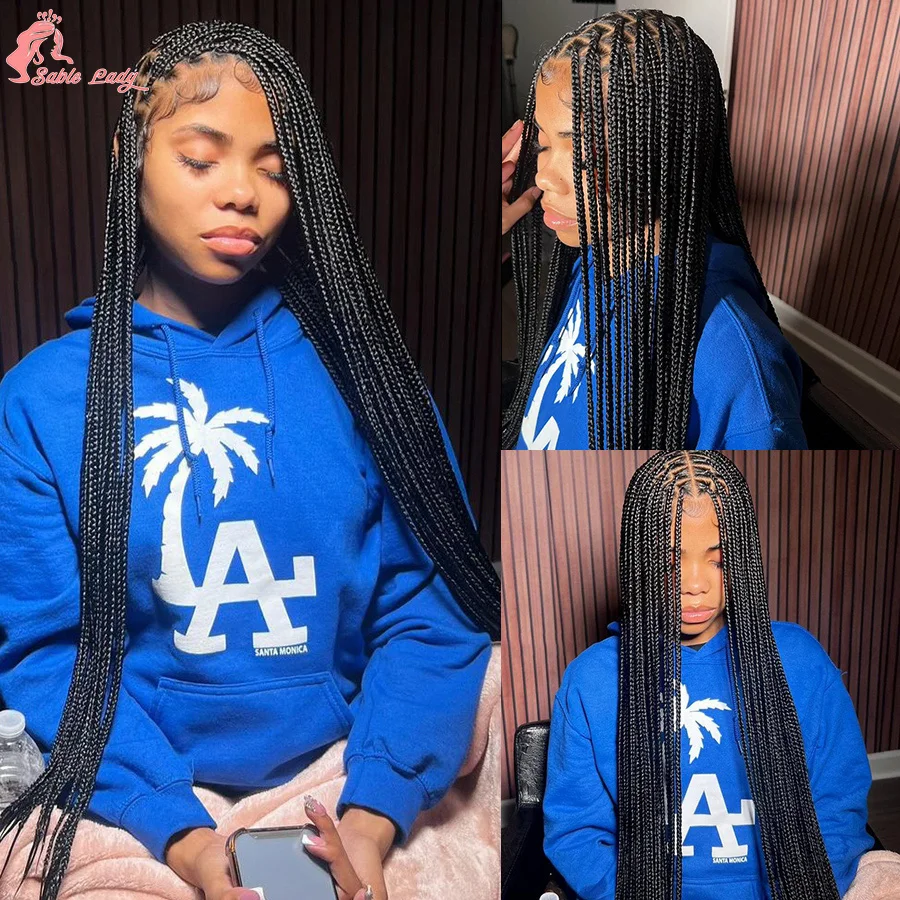 Full Lace Synthetic Afro Cornrow Braided Wigs Knotless Box Braids Wig For Black Women 36 Inches Goddess Handmade Braiding Wig 5