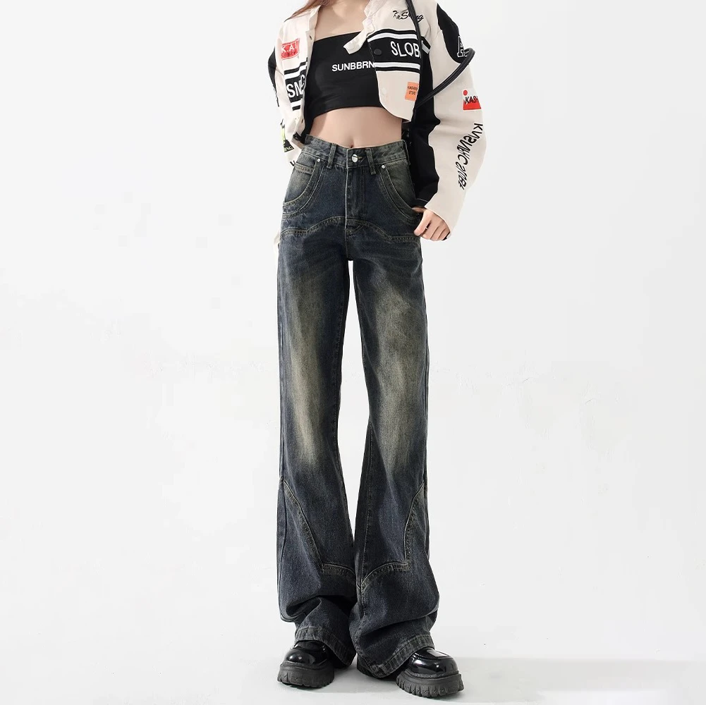American retro cement grey wide-legged jeans female spring new high-waisted thin loose not stick leg straight trousers