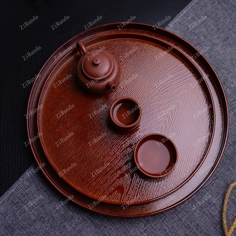 *Round Tea Tray Household Wood Grain Water Cup Tray Household Fruit