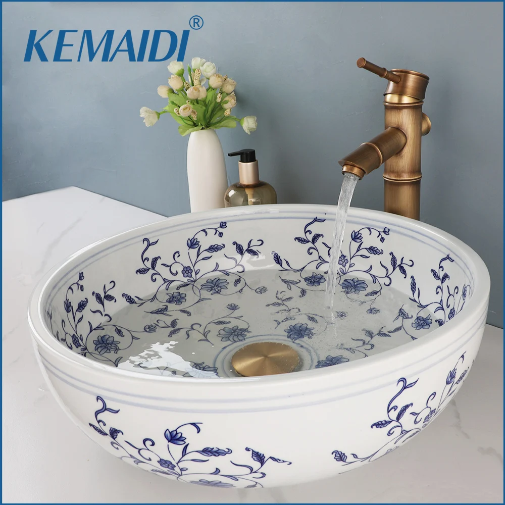 

KEMAIDI Ceramic Bathroom Bar Vanity Vessel Sink Faucet Combo White and Blue Above Counter Round Bowl Countertop Sink Art Basin