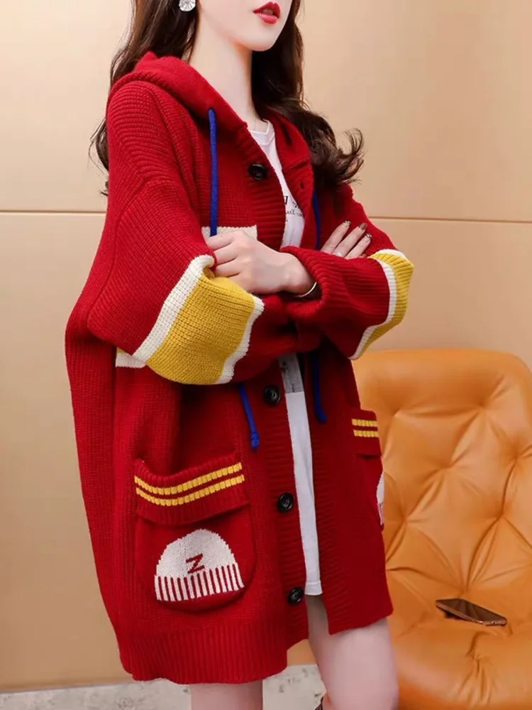 

Casual Fashion Knitted Hooded Sweaters Loose V-neck Single Breasted Long Sleeve All-match Lazy Style Knitted Cardigan Coat New