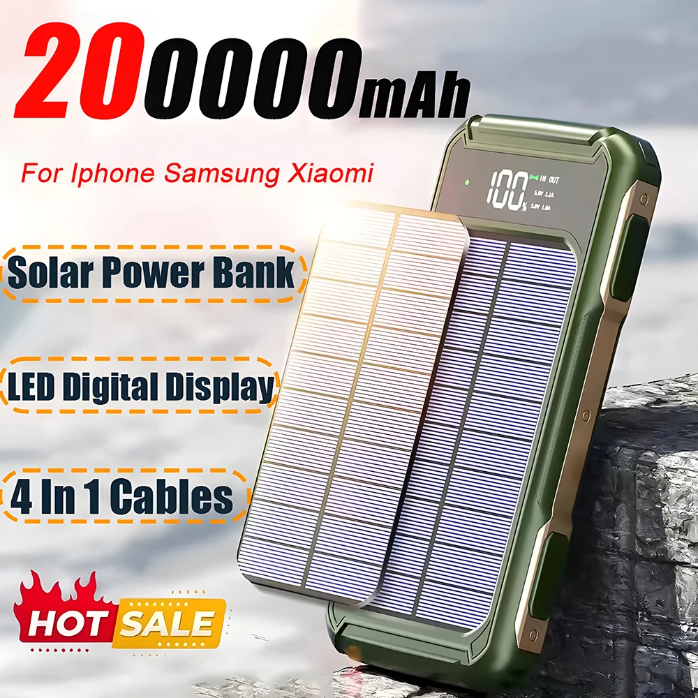 200000mAh Solar Power Bank Large Capacity 4 in 1 Built in Cables Intelligent Digital Display Power Supply for iPhone Samsung 2