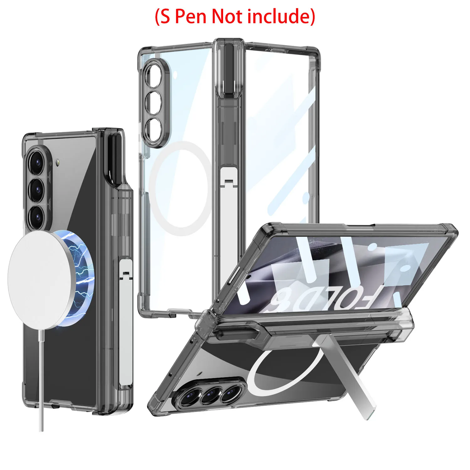 Robuste, stark sturzsichere TPU-Schutzhülle für Samsung Galaxy Z Fold 6, magnetische Aufladung, mit Telefonständer, Glasbildschirmfolie_voghion.com