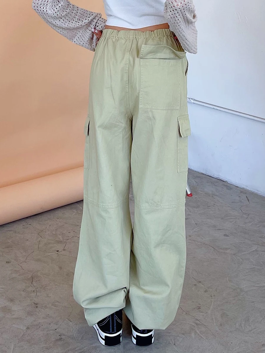 Women Baggy Pants Solid Color Drawstring Waist Cargo Pants Multiple Pockets Jogger Pants