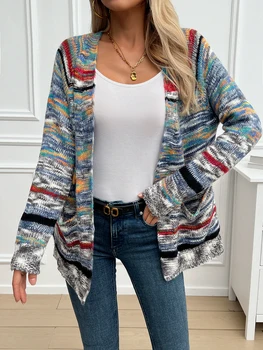 Vintage Rainbow Color Blocking Sweater Knitted Top Cardigan Loose Fit Casual Niche Situation Trendy American Style Idle Style 1