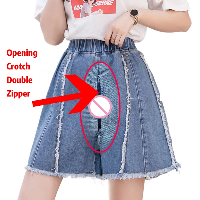 Woman Sexy Open Crotch Pants Jean Hidden Zipper Crotchless  Skirt Janpan Style Adult Toys Shorts Thick Blue Outdoor Sex Panties