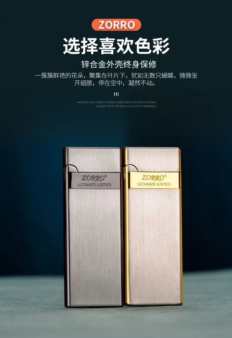 Description Picture 5 of item2024 New Zorro Brass Lighter Slim 5mm Inflatable Creative Grinding Wheel Portable Classic Windproof Lighter Smoking Men's Gift