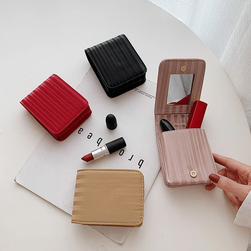 

Top Lipstick Bag Mini Pu Leather Makeup Case Fashion Purse Organizer Women Cosmetic Bag Mirror Lipstick Pocket Coin Wallet