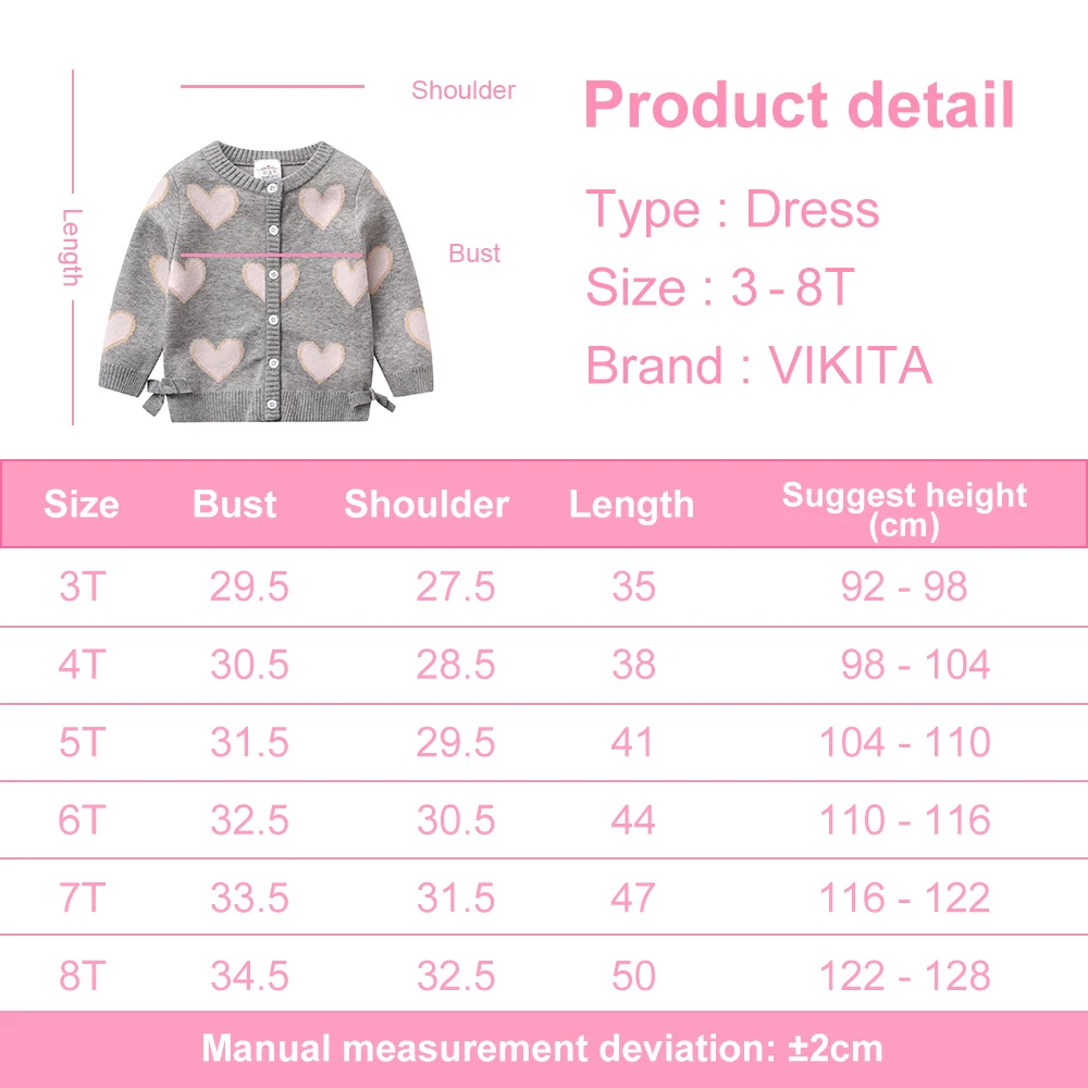 VIKITA  소녀 핑크 하트 프린트 니트 가디건 키즈 그레이 스웨터 코트 소녀 소프트 버튼 캐주얼 따뜻한 니트웨어 탑
