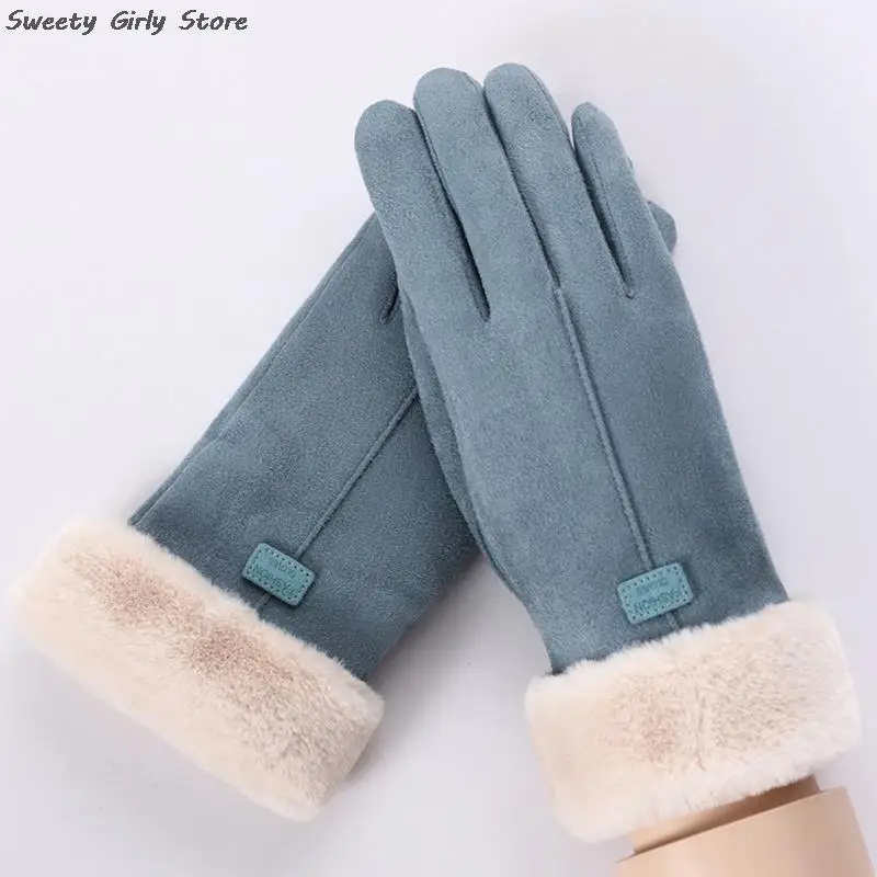 

1 Pair Soft Suede Leather Gloves Ladies Fashion Plush Inside Warm Gloves Snow Day Cold Protection Mittens Wedding Party Guantes