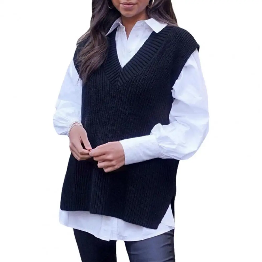 Ladies Vest Loose Autumn Winter Streetwear Slit Knitting Vest Waistcoat