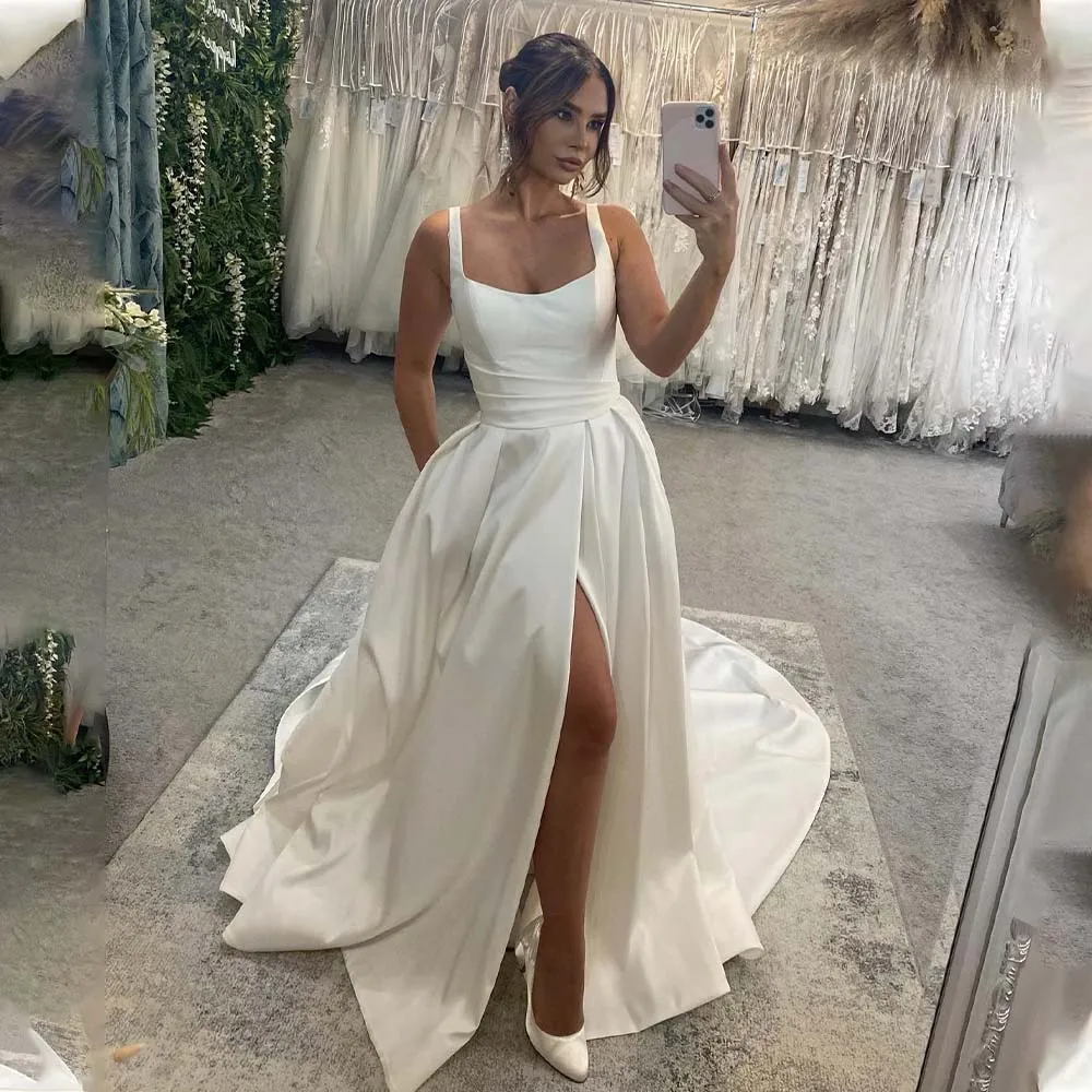 

High Quality Wide Straps Scoop Neckline Satin Wedding Dresses Side Dlit Sweep Train Custom Made 2024 Vestido De Noival
