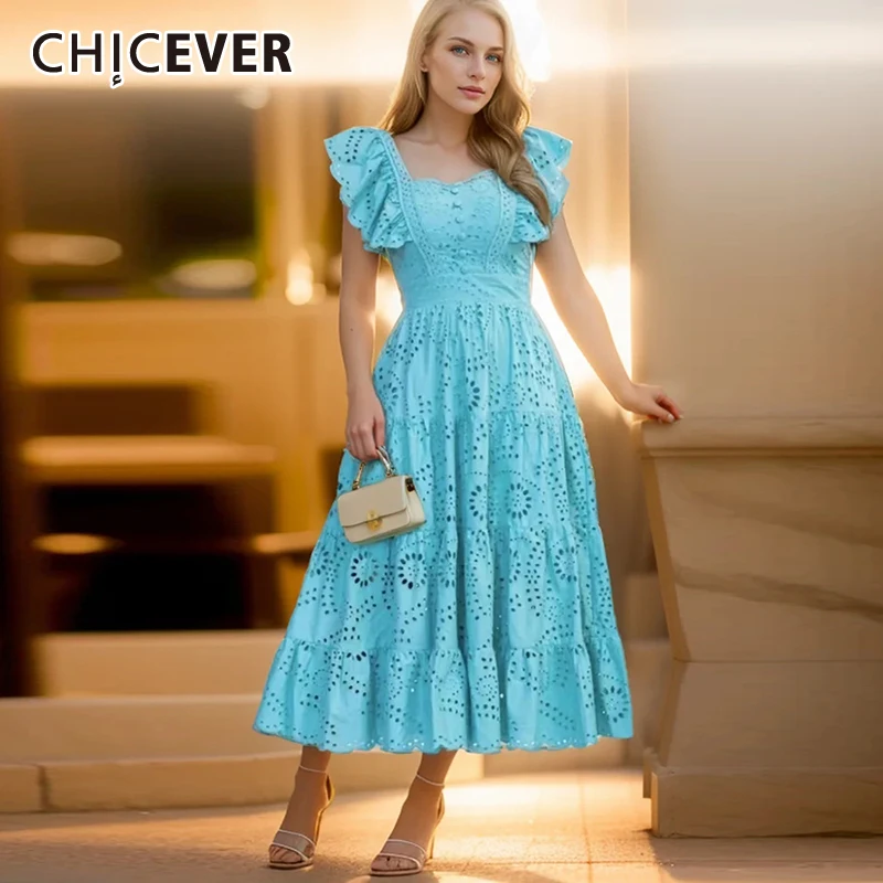 

CHICEVER Solid Elegant Dresses For Women Square Collar Flare Sleeve High Waist Hollow Out Folds Summer Long Dress Female 2024