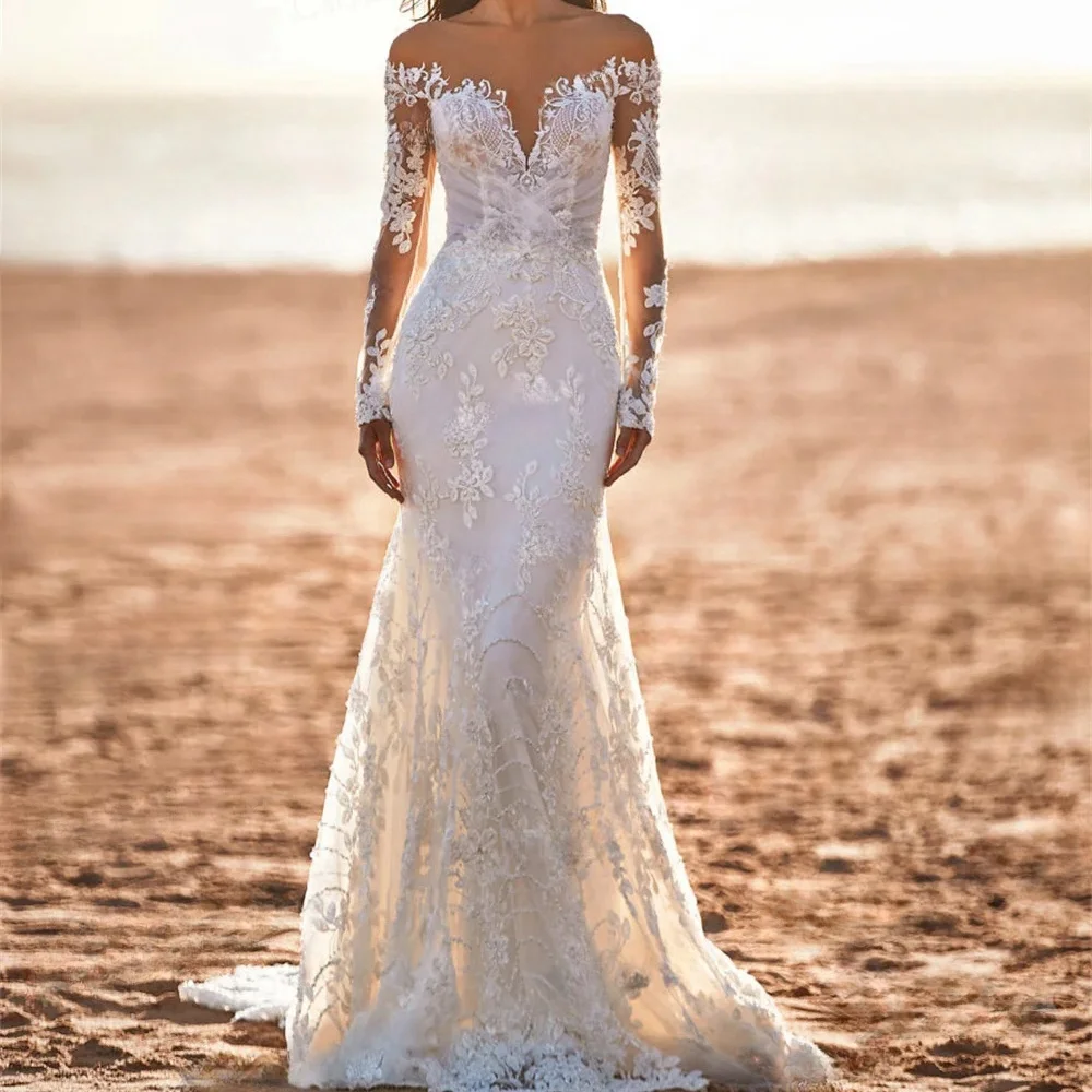 

Шикарное свадебное платье с длинным рукавом для женщин кружевное платье с аппликацией с открытыми плечами платье невесты русалка свадебное платье на пуговицах