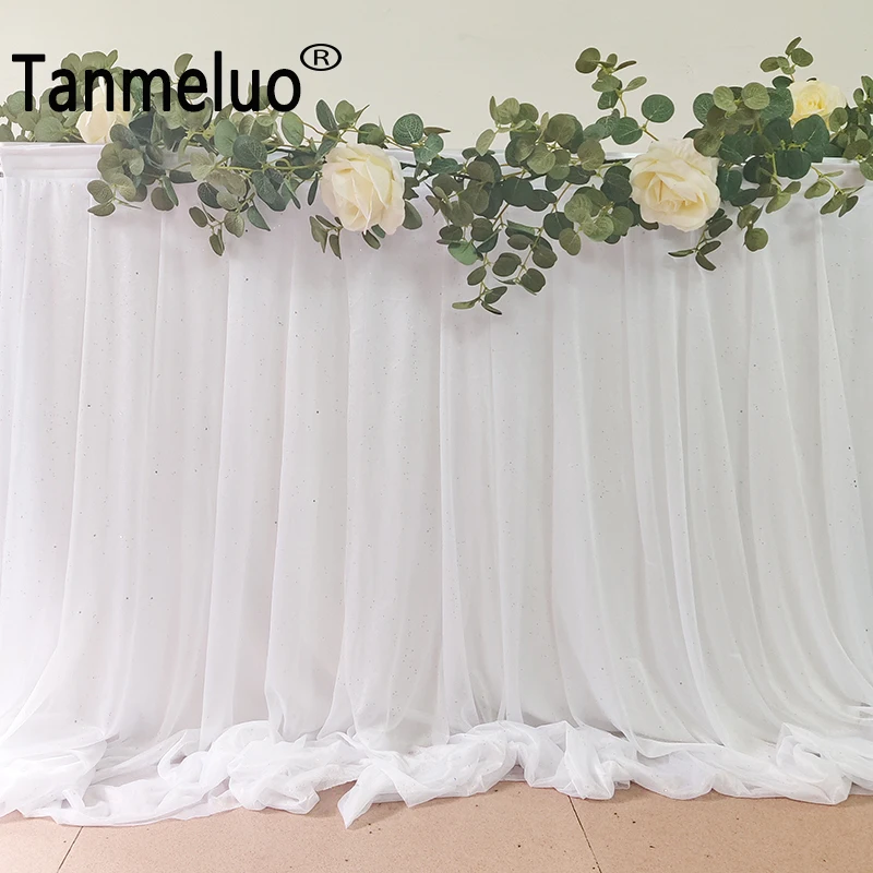 White Table Skirt Extra Long Sheer Tablecloth for Backyard Wedding Sweetheart Main Table Birthday Party Cake Decoration