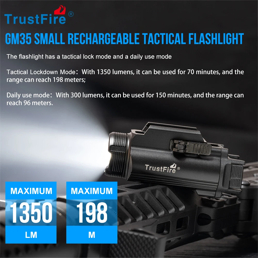 Trustfire GM35 Tactical LED Flashlights 1350Lumen Rechargeable Light Self Defense Weapon Torch Gl0ck Picatinny with Usb Charging