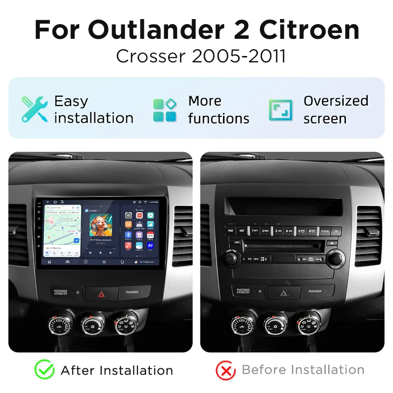 Radio de coche Junsun con CarPlay inalámbrico y Android Auto para Mitsubishi Outlander Mk2 / Citroen C-Crosser 2005-2012, ventilador de refrigeración integrado, navegación GPS Android, reproductor multimedia, WiFi, DSP, RDS, BT, SWC, pantalla táctil IPS, autoradio, reproductor de vídeo, unidad principal estéreo. 2