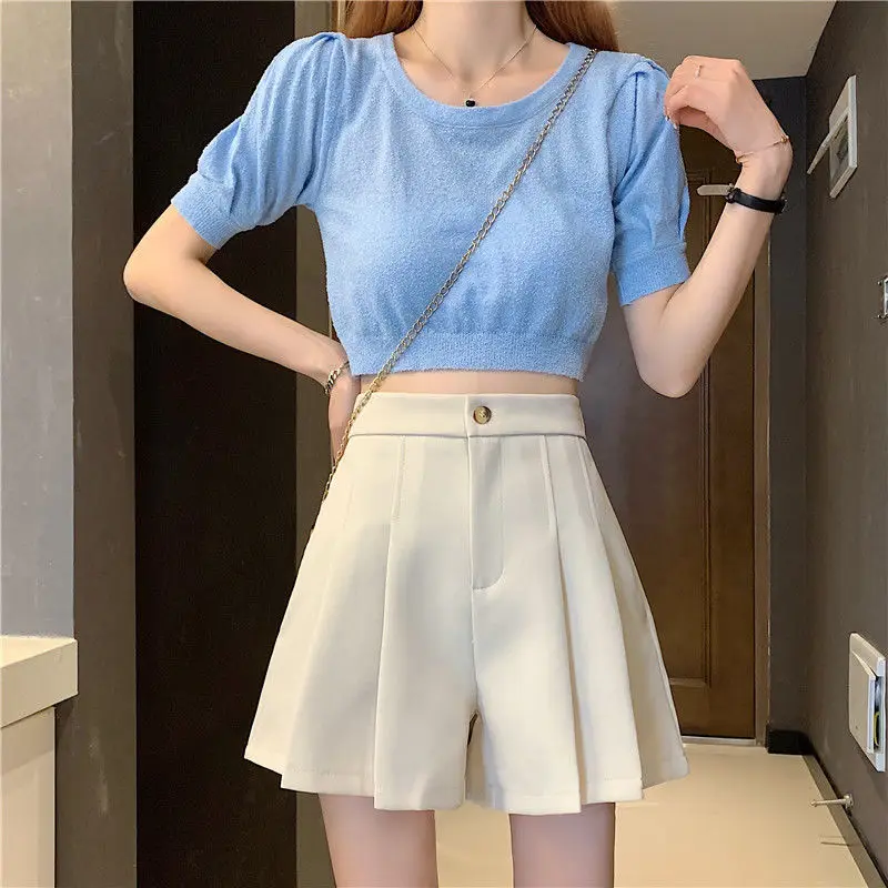 ladies clothes 2022 Women's Summer Fashion High Waist Pleated Shorts Female Casual Loose Wide-leg Shorts Ladies Solid Color Suit Shorts S37 plus size womens clothing