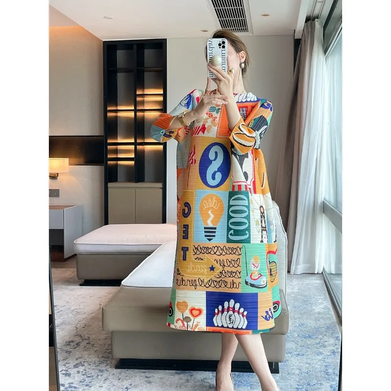 

Женское модное плиссированное платье миаке с надписью и мультяшным принтом, свободное повседневное удобное платье высокого качества
