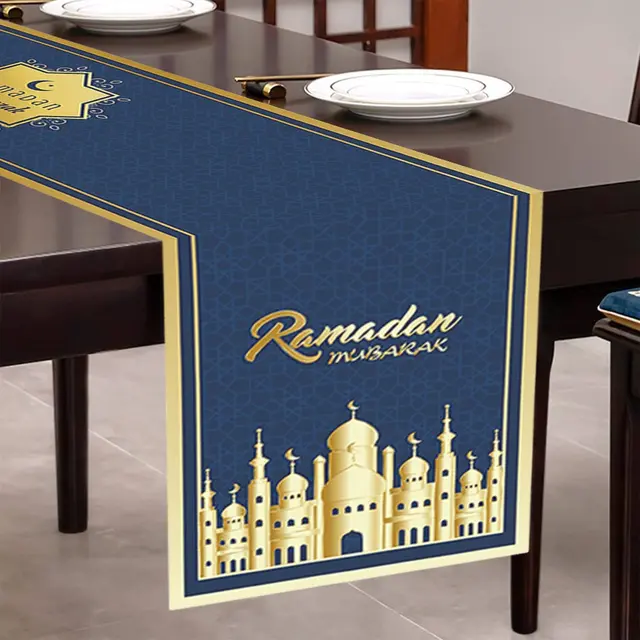 Ramadan Mubarak Linen Asztali Futó Dekorációk Mecset Lámpás Iszlám Dekoráció - Image 2