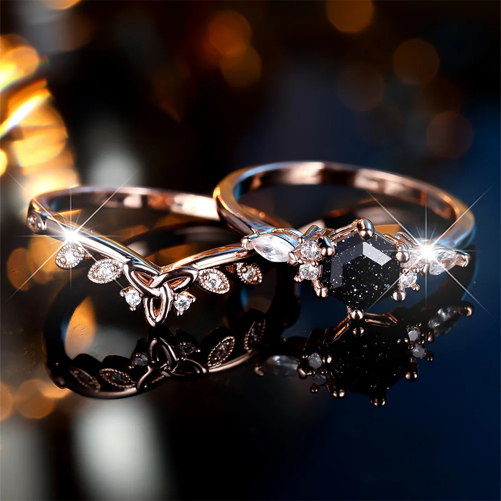 2pcs/set Luxury Crystal Hexagon Stone Engagement Promise Ring Sets For Women Rose Gold Color White Zircon Flower Wedding Jewelry