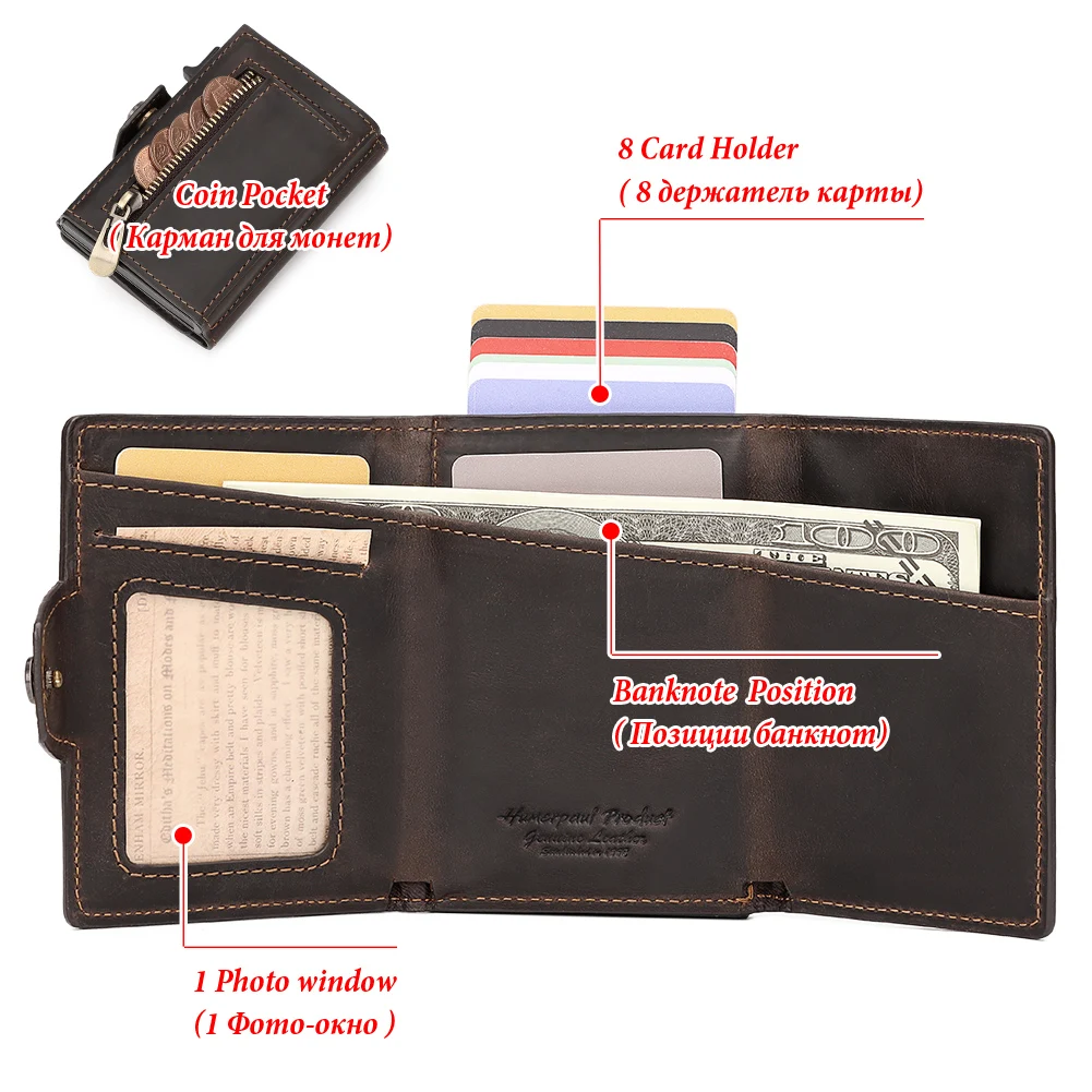 Leather Wallet Men's Short Mini Money Clip RFID Blocking Credit Automatic Card Holder