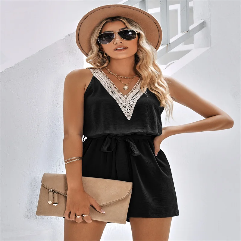 

2023 new women's casual lace V-neck solid sleeveless jumpsuit fashion versatile