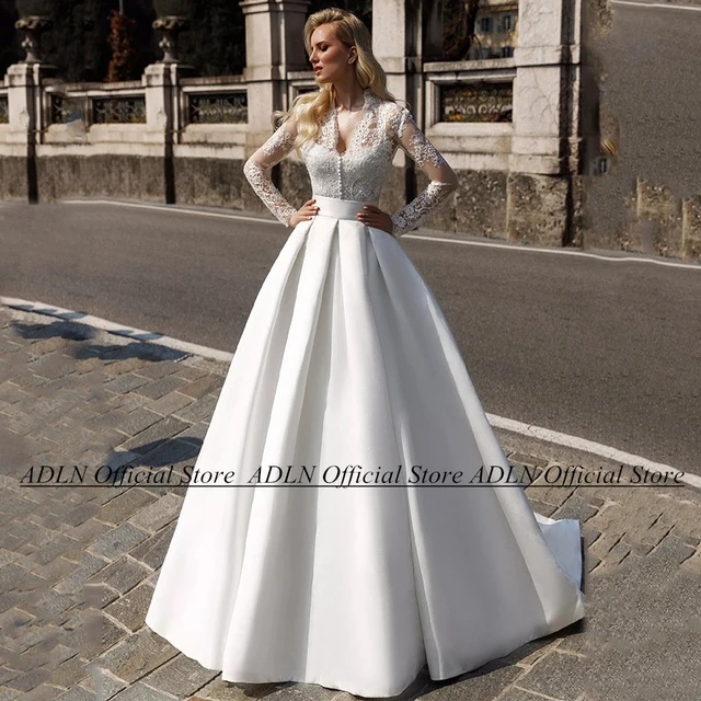 Ball Gown V Neck Full/Long Sleeve Sweep Train Satin Wedding Dress With  Appliqued Lace