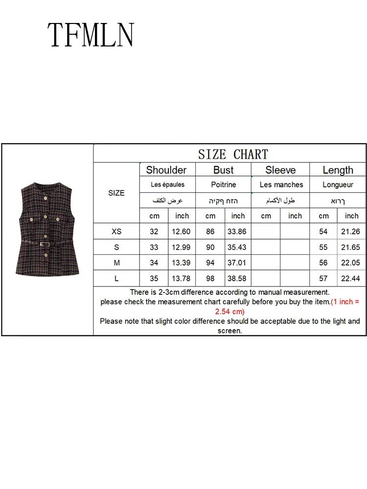Fashion Women Sleeveless Tweed Texture Vest Casual Slim Waistcoat Women Button Pockets With Belt Chic Top Single Breasted Coats